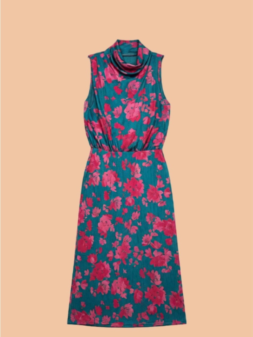 Sleeveless Teal Midi Dress with Pink Floral Print and Cowl Neck